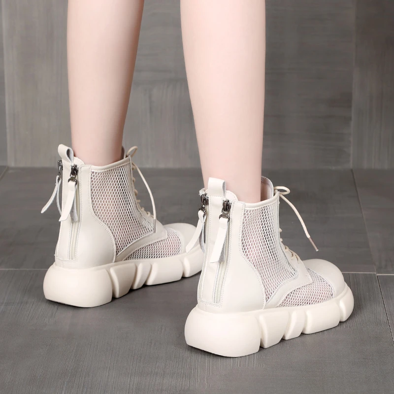 夏季真皮透气百搭网靴女厚底时尚马丁靴女款增高街拍网纱凉靴防滑