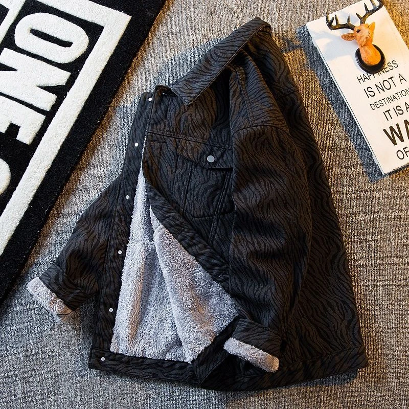 男装斑马纹外套男秋冬季加厚加绒牛仔夹克男士高级感保暖冬装韩版