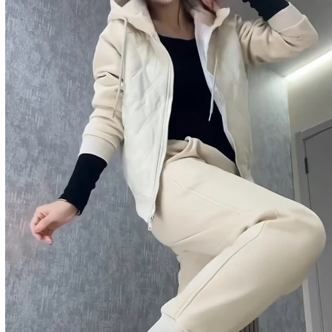 2024冬季新款时尚洋气百搭遮肉显瘦二棉加绒开衫拉链连帽卫裤两件