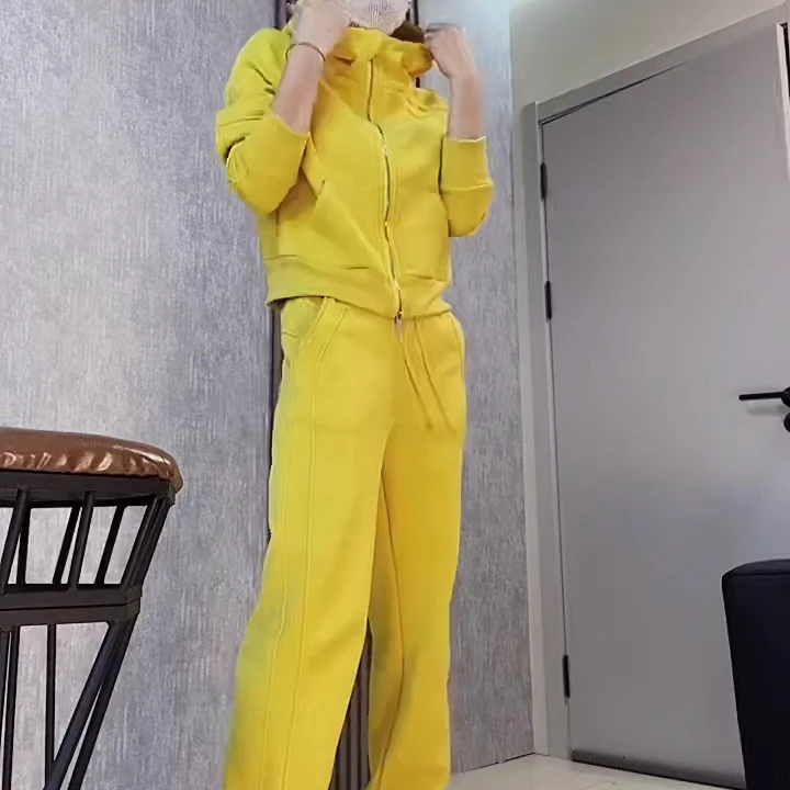 2024冬季新款洋气百搭加绒加厚开衫连帽直筒可调节松紧裤两件套女