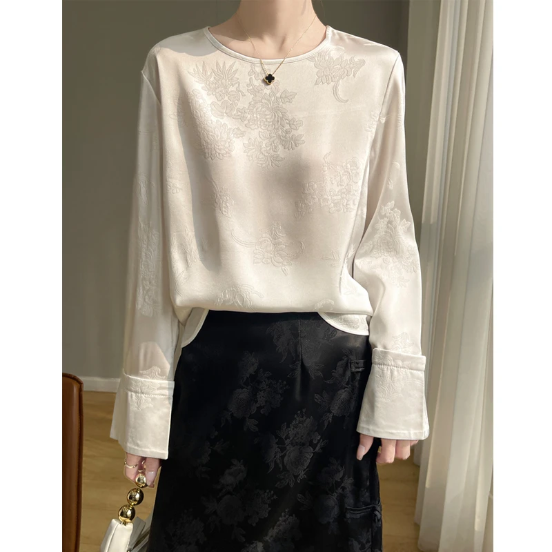 桑蚕丝衬衫女气质长袖时尚宽松打底上衣提花圆领洋气套头韩版衬衣