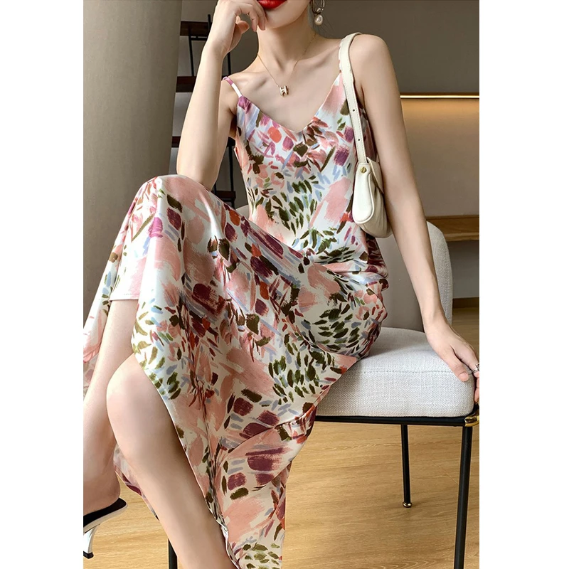 桑蚕丝裙子夏季碎花气质法式连衣裙女印花时尚薄款中长款显瘦长裙