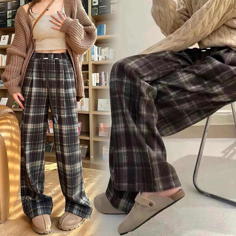 孕妇格子裤春秋外穿2025新款加长加绒休闲毛呢阔腿裤直筒长裤
