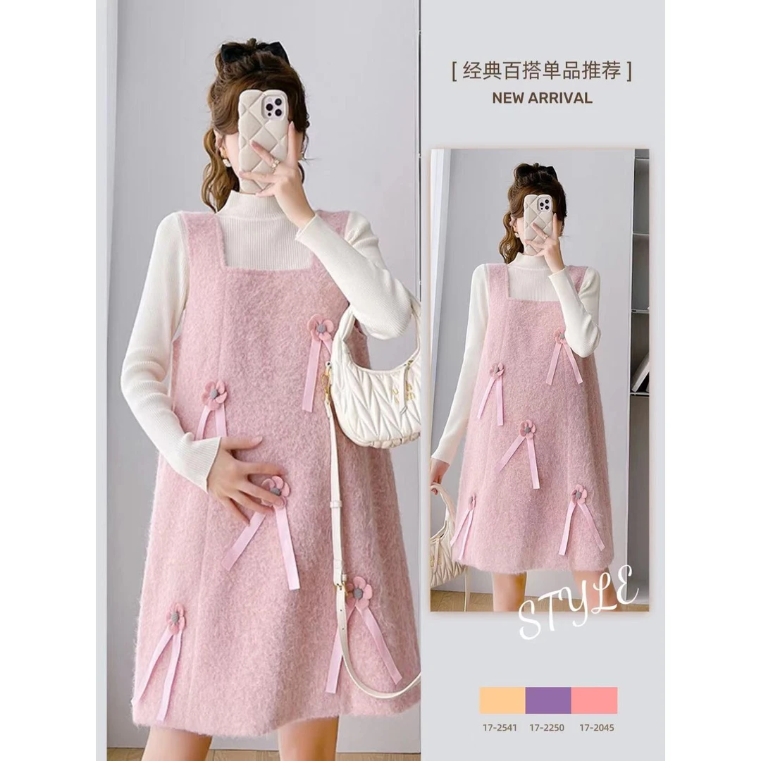 孕妇手工扎花长绒毛呢背带裙2025秋冬甜系穿搭显瘦减龄Ａ字孕妇裙