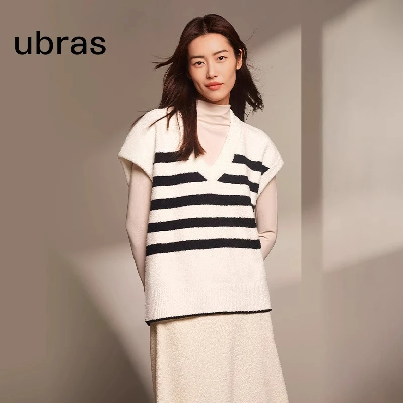 ubras【清仓】刘雯同款慕斯绒条纹V领廓形背心家居服睡衣女