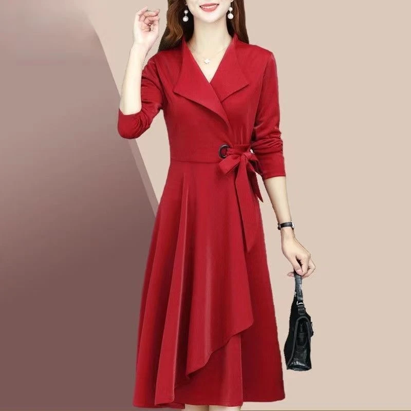 新款春秋过膝女中长款连衣裙红色过膝裙修身显瘦女式流行外套薄款