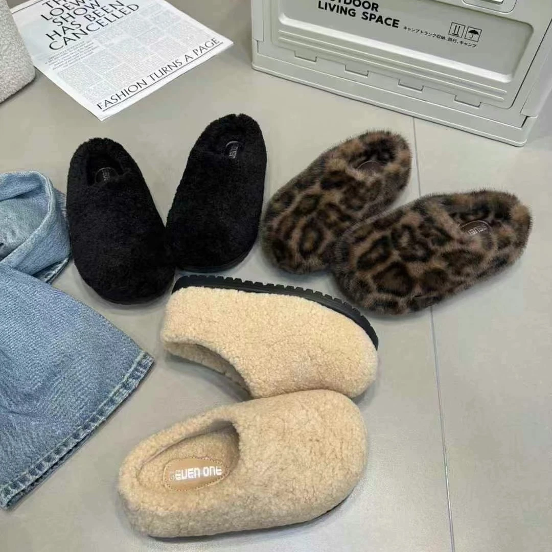 豹纹厚底毛毛拖包头拖女2024秋冬新款百搭外穿一脚蹬半拖鞋735