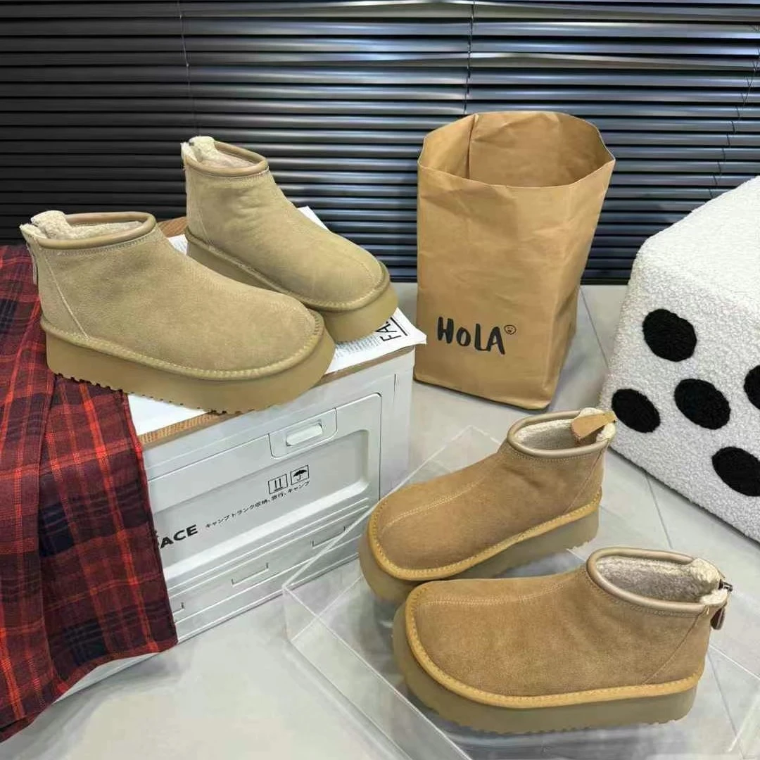 欧货女鞋2024冬季新款复古磨砂真皮厚底短筒靴加绒雪地棉鞋SK12