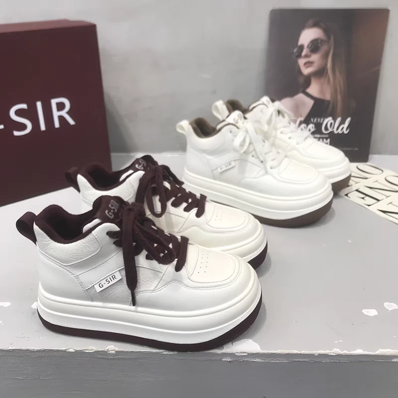 娃娃头高帮加绒小白鞋2024秋冬款韩版百搭绑带拼接休闲鞋G-835
