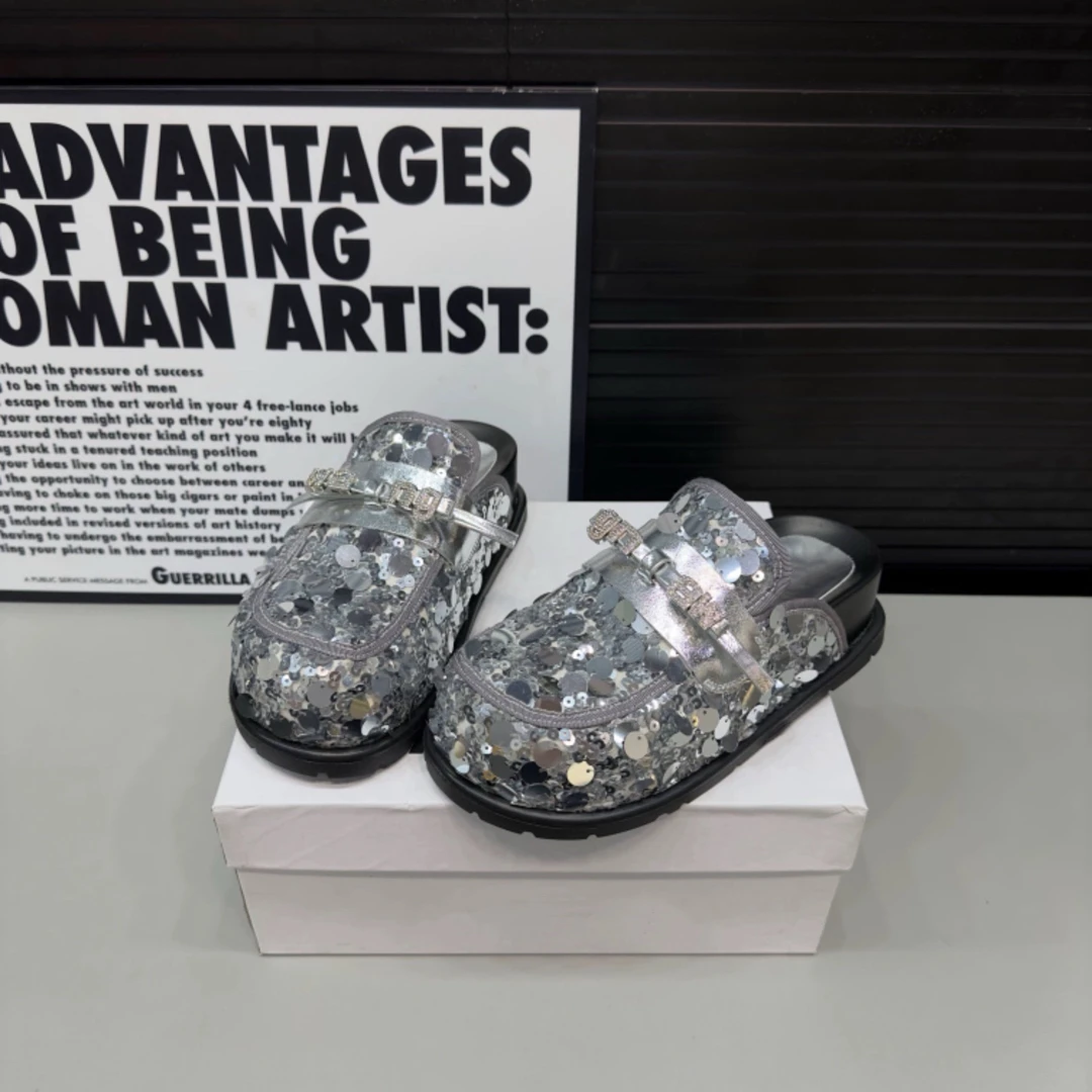 欧货懒人外穿包头半拖鞋女2024年新款亮片水钻厚底时尚百搭9916-6