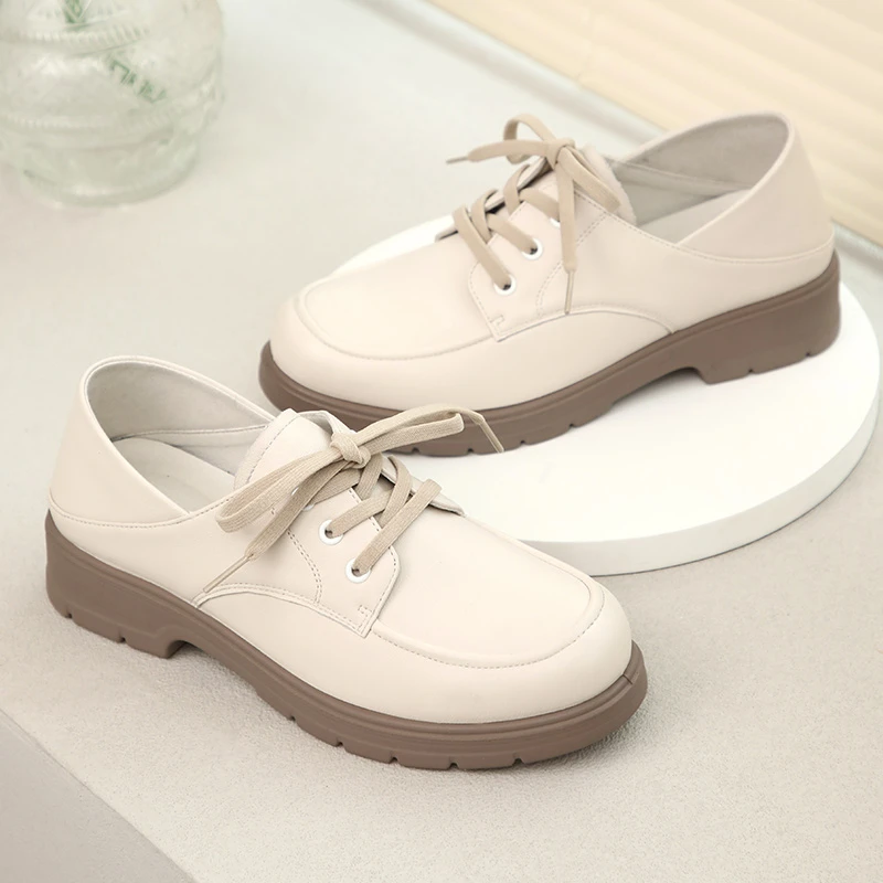女士气质鞋子百搭英伦风软皮真皮皮鞋春秋粗跟系带厚底妈妈鞋单鞋