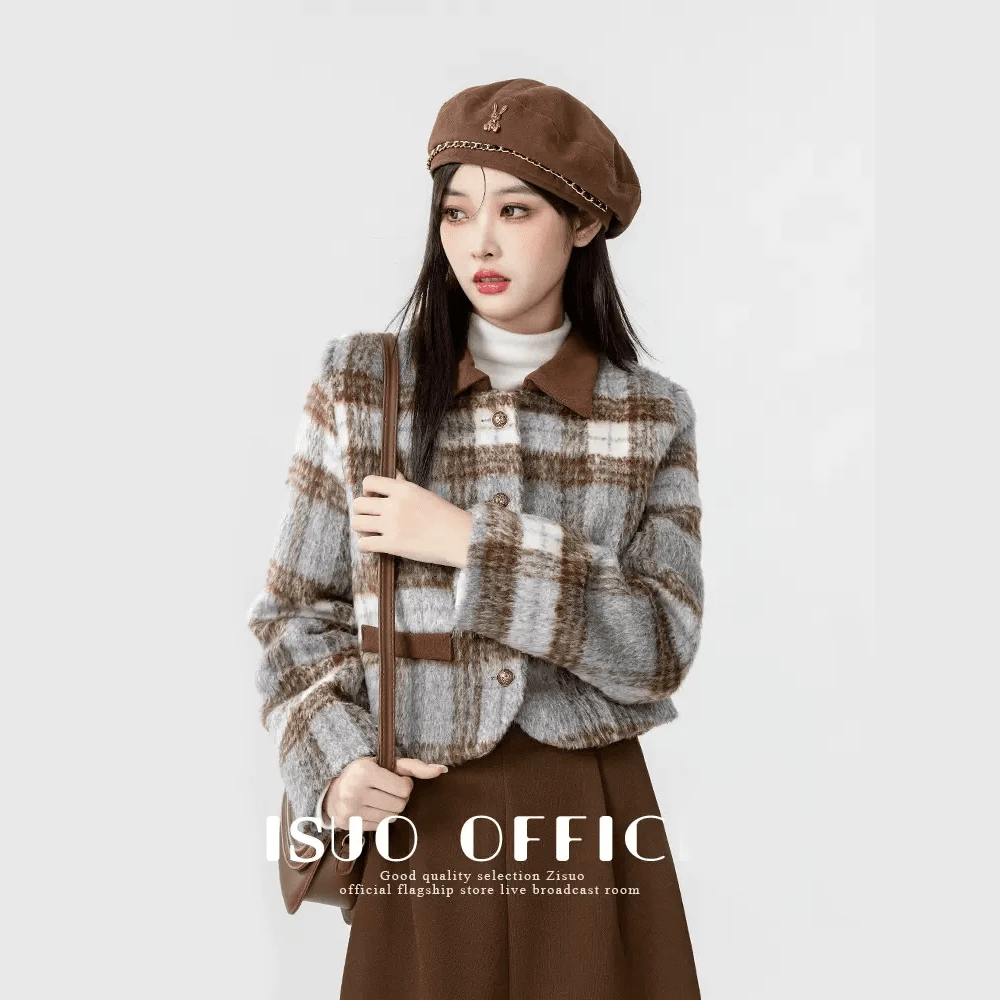 时尚小个子女装秋冬款小香风格子毛呢外套女韩版呢子短外套上衣
