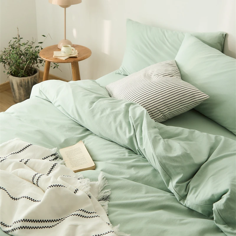 ZAKER纯棉天竺棉四件套薄荷绿双人床单床笠款套件床品纯色简约
