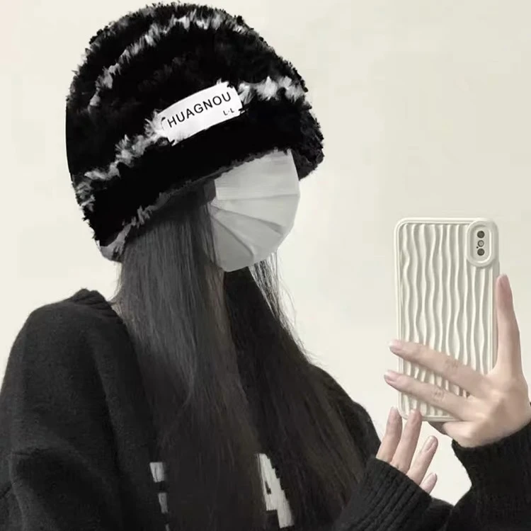 冬季条纹卷边针织毛毛包头帽日系风百搭显脸小毛茸茸保暖帽子子