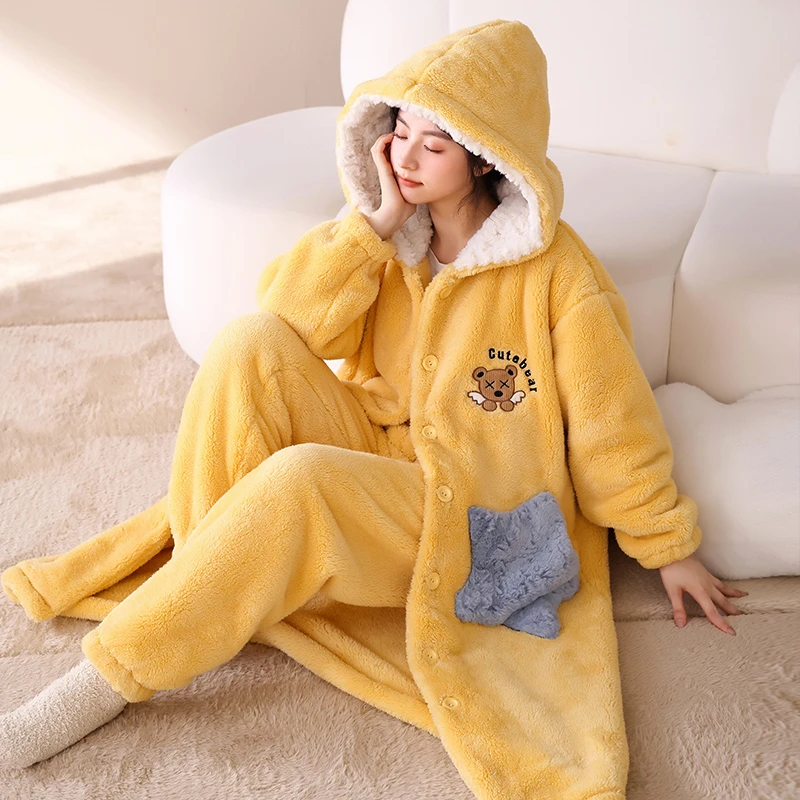 新款女生睡衣冬季简约加厚加绒宽松舒适长袖时尚套装家居服可外穿