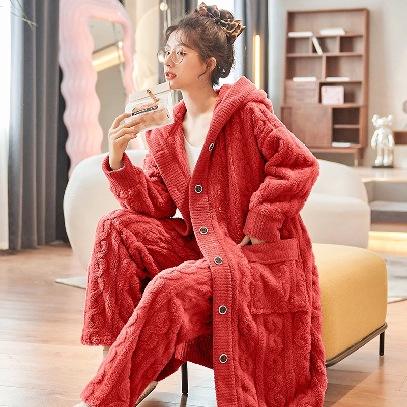 新款女生冬季简约睡衣加厚加绒宽松舒适时尚款外穿长袖家居服套装