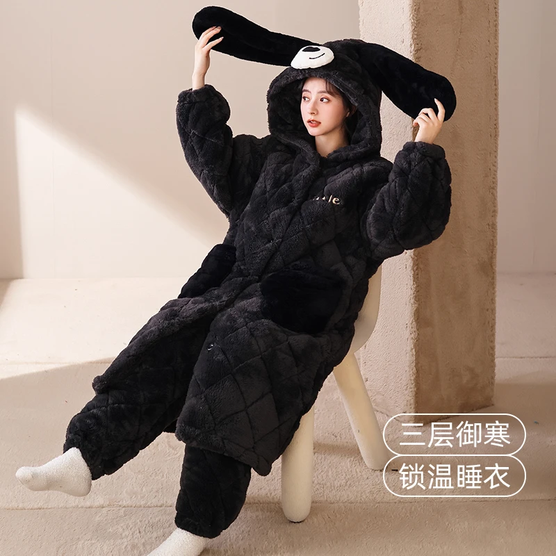 秋冬季睡袍长袖女三层夹棉连帽加绒加厚保暖冬款中长款外穿家居服