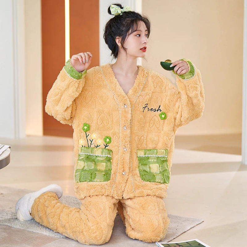 冬季新款睡衣加绒舒适时尚宽松加厚简约女生长袖可外穿家居服套装