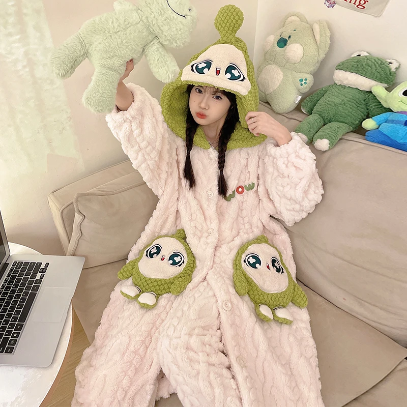 冬天新款女生保暖睡衣加厚加绒舒适简约可爱卡通套装可外穿家居服