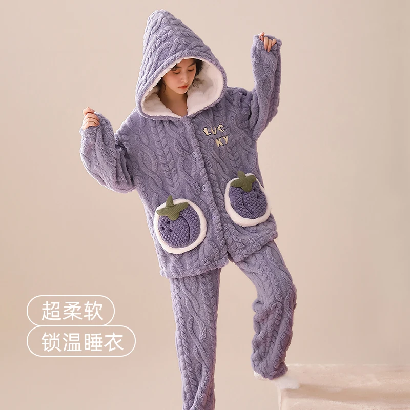 冬季新款可外穿睡衣女舒适宽松卡通甜美风格加绒加厚穿家居服套装