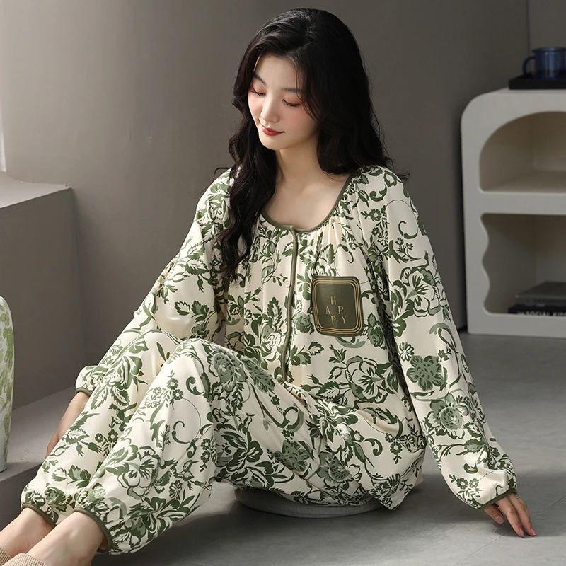 新款春季女生宽松简约舒适时尚长袖长裤睡甜美衣套装可外穿家居服