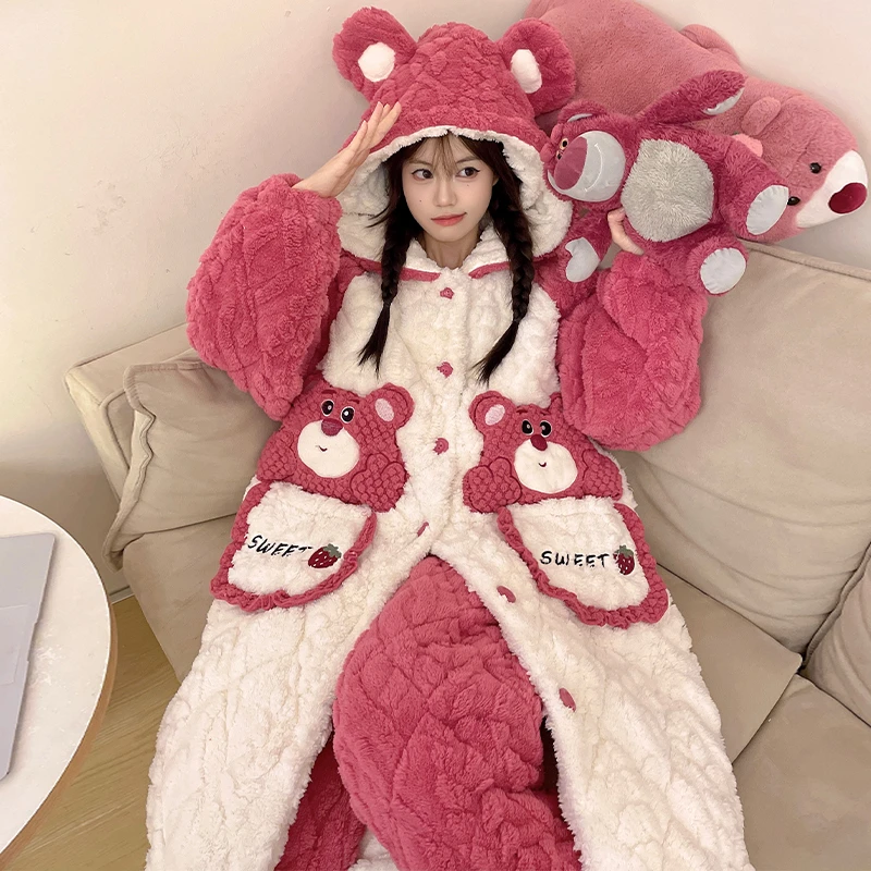 睡袍新款女冬天保暖卡通睡衣连帽加厚加绒三层夹棉冬季套装家居服