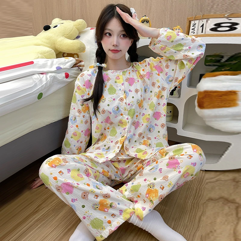 春季新款女生睡衣宽松舒适简约长裤长袖甜美时尚套装可外穿家居服