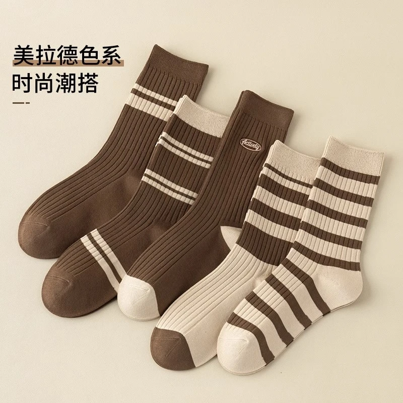 【新疆包邮】美拉德中筒袜咖色网红款复古条纹堆堆长袜春秋ins潮袜