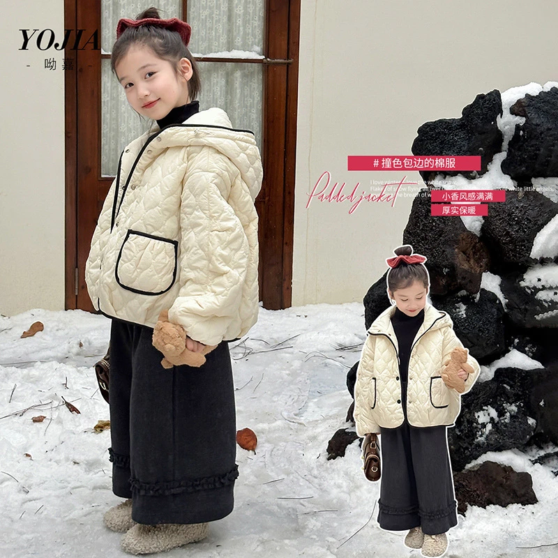 YOJIA女童棉服冬季2024新款洋气小香风女孩保暖棉衣冬装连帽外套
