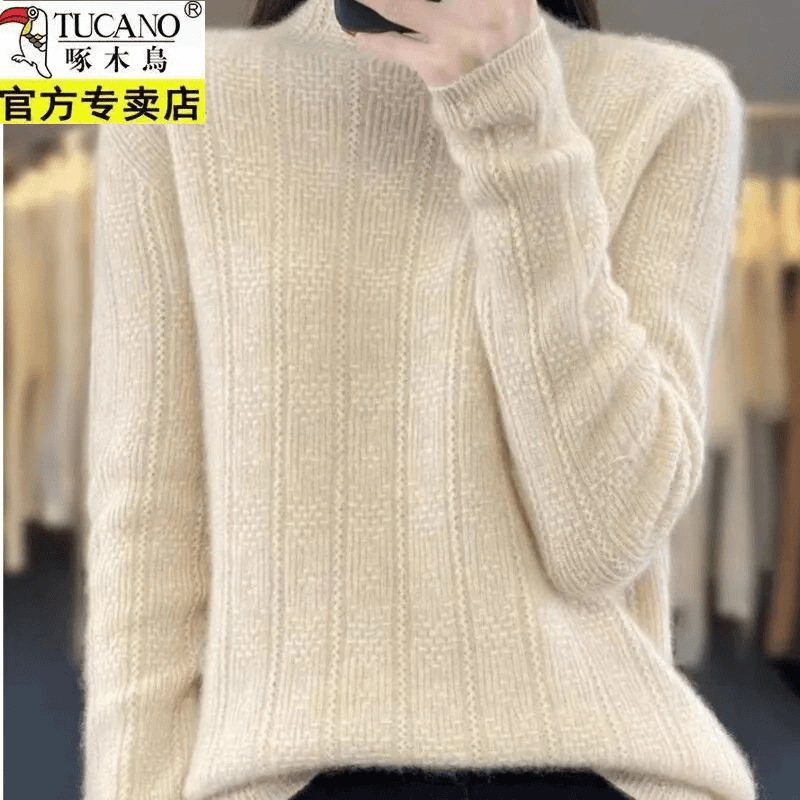 啄木鸟2023秋冬季半高领纯色提花羊毛衫女百搭时尚内搭针织毛衣女