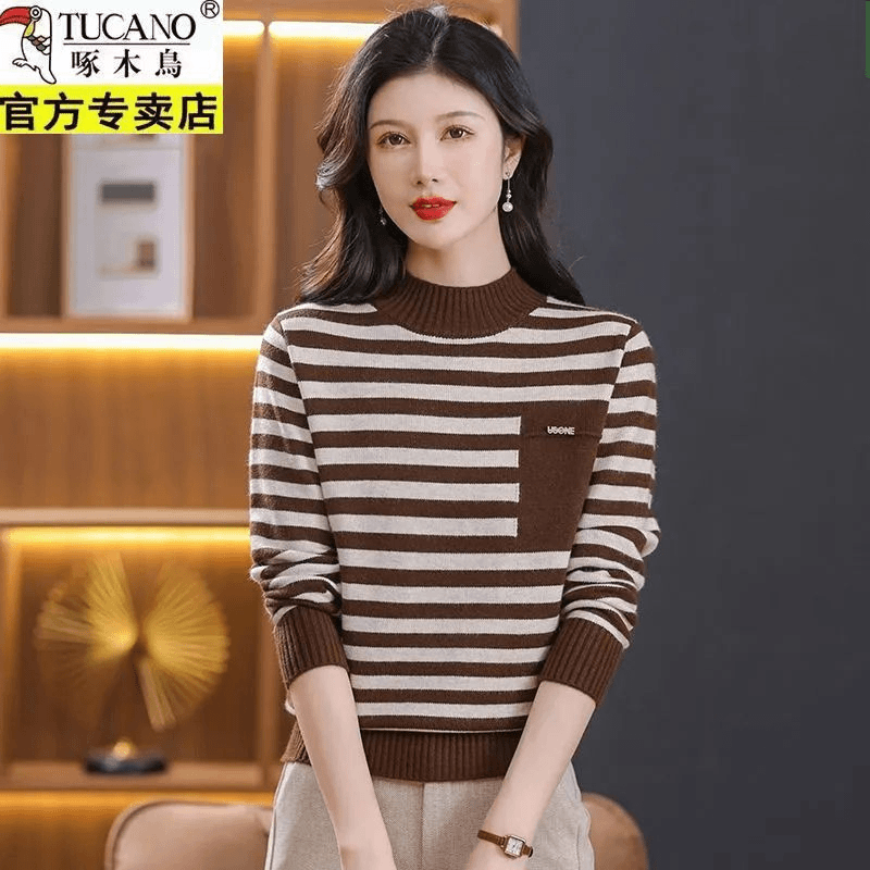 啄木鸟秋冬季2023年新款提花条纹毛衣女气质宽松外搭针织打底衫女