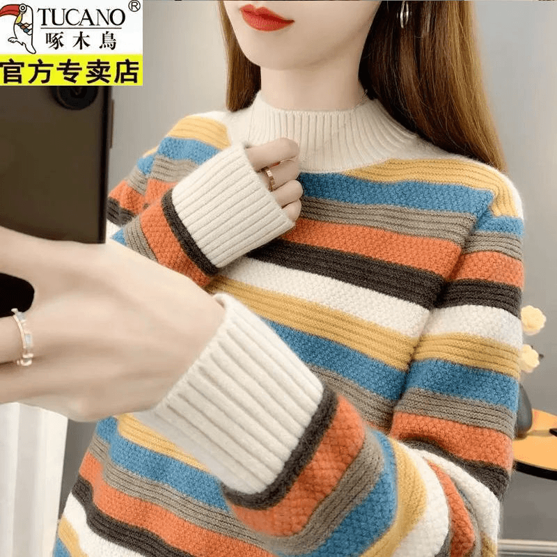 啄木鸟圆领毛衣女2023秋新款洋气加厚宽松羊毛衫打底针织衫女外穿