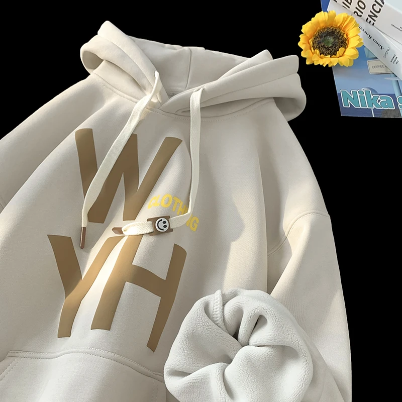 发泡印花连帽卫衣男秋冬季加绒新款美式校园加厚宽松休闲套头帽衫