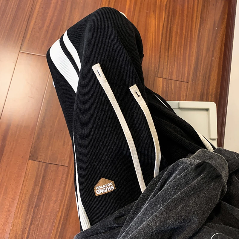 中性风秋冬重磅休闲裤男加绒ins运动撞色拼接长裤美式高街束脚裤