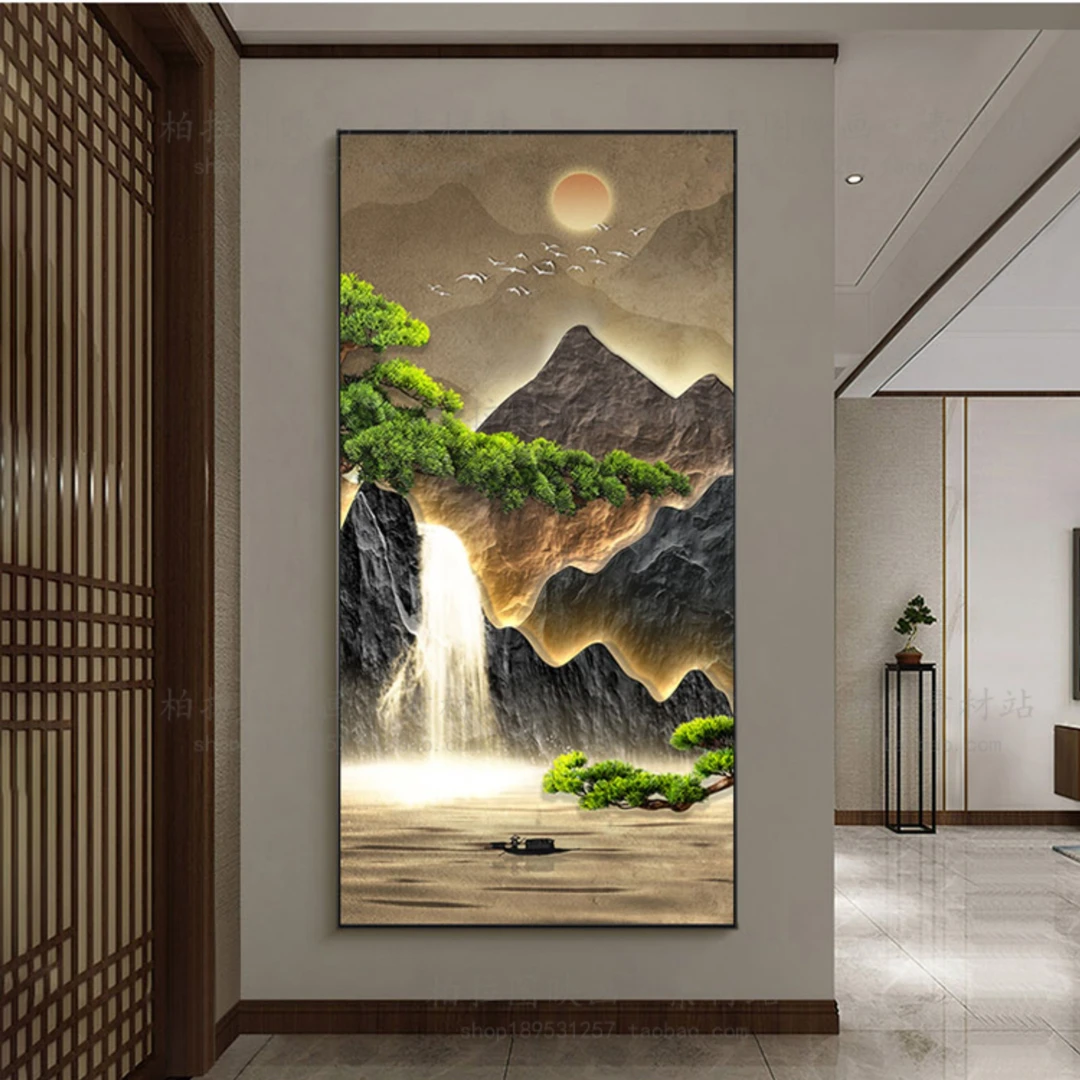 自贴画竖款玄关装饰画自带背胶防水自粘壁画麋鹿九鱼山水画