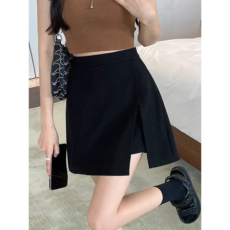 大码女装黑色开叉短裙女不规则防走光裙子显瘦遮胯高腰a字裙
