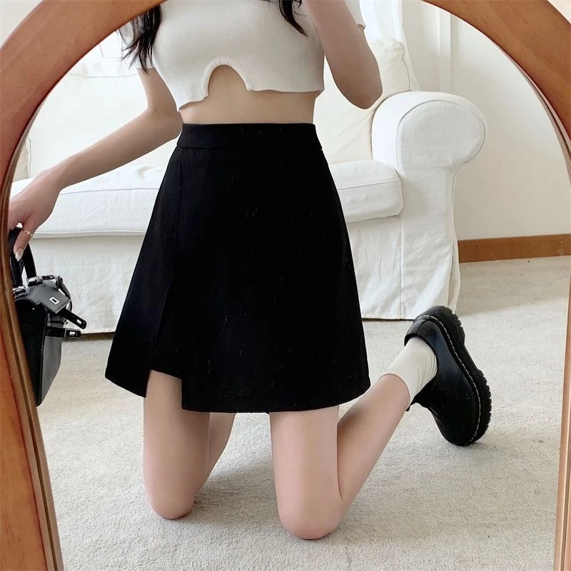 不规则防走光开叉春季显瘦短裙裤裙a字半身裙女高腰黑色百搭包臀