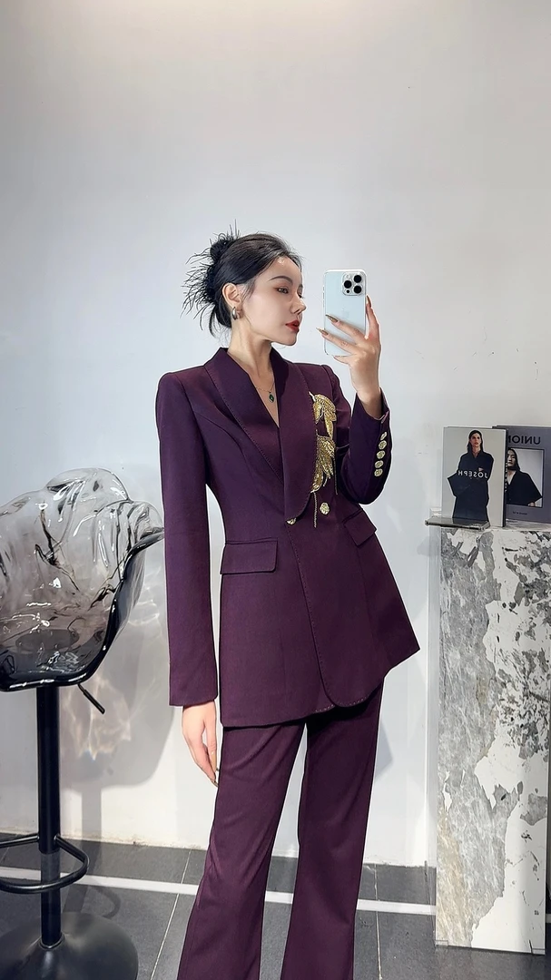 《泳秀精品》断码清紫色重工青果领西装套装通勤简约时尚轻职风