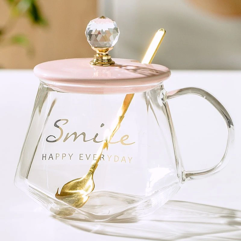 高颜值创意水杯子耐热防爆玻璃花茶杯家用ins风轻奢喝水杯带盖