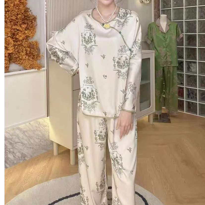中式复古印花宽松高级感简约长袖长裤盘扣冰丝套头家居服睡衣套装