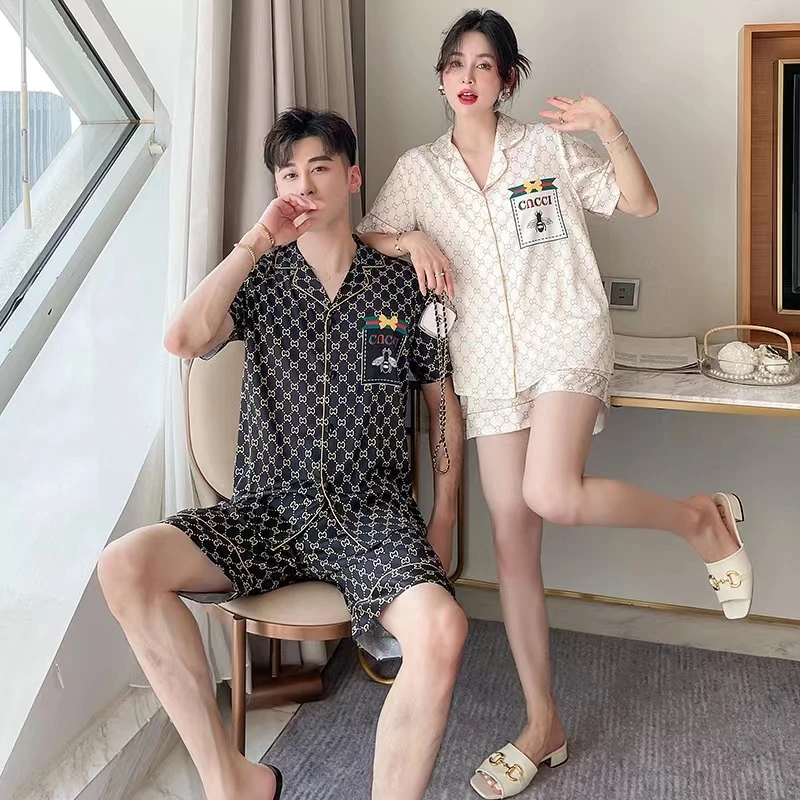 【小蜜蜂】时尚潮流缎面冰丝情侣睡衣短袖短裤开衫套装可外穿家居服