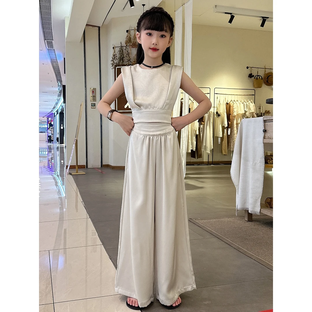 2024年女童法式轻奢气质缎面绑带无袖背心裤子套装高腰设计感小众