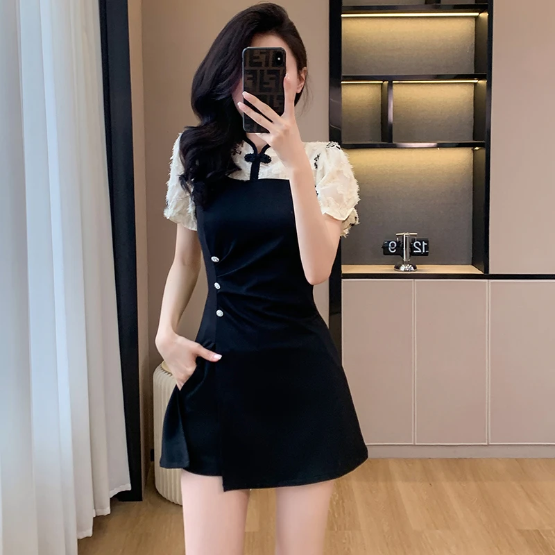 夏季轻国风气质小黑裙套装150cm145小个子新中式连衣裙短裤两件套