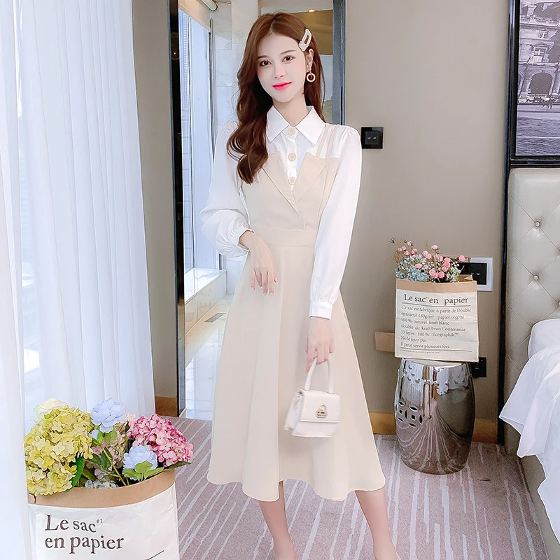 法式假两件长袖连衣裙女装2024秋季新款小个子显瘦气质减龄长裙子