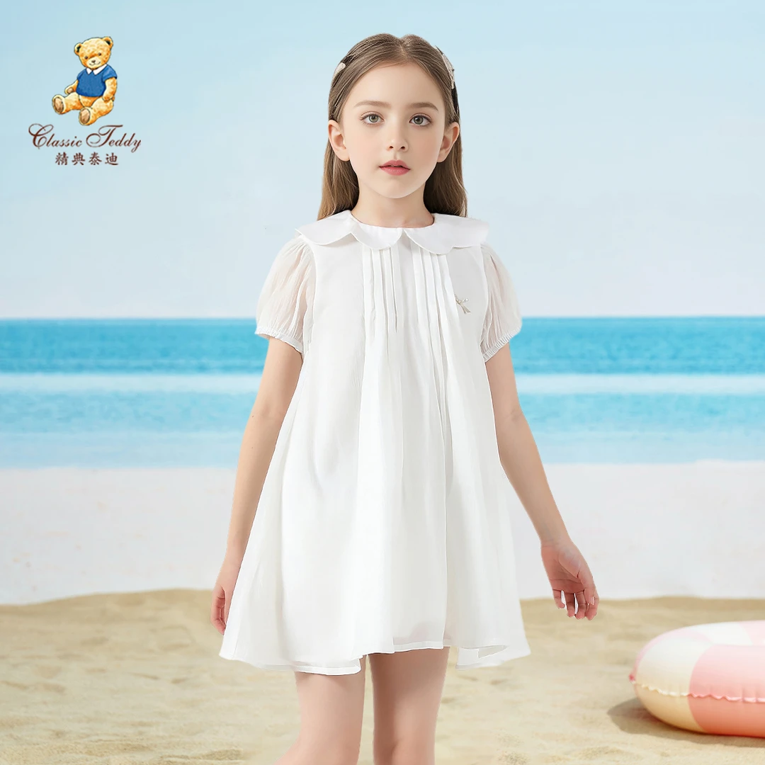 精典泰迪女童白色连衣裙儿童夏季泡泡袖仙女裙TD2402DY015YQ