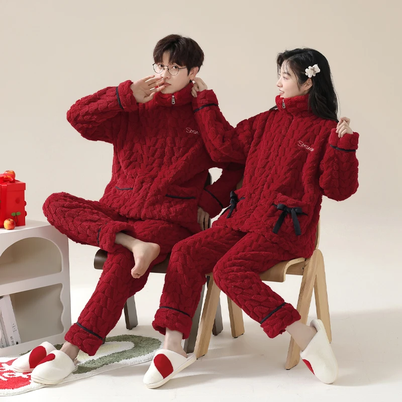 情侣红色睡衣秋冬季珊瑚绒加厚加绒套装结婚新婚喜庆男女士家居服