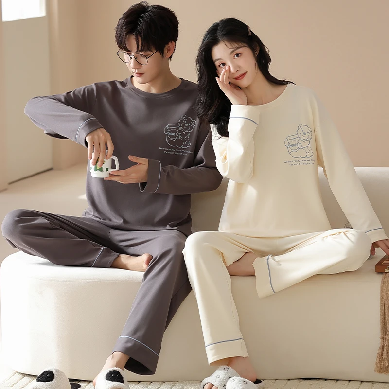 2套价 情侣睡衣春秋款纯棉长袖圆领男女士家居服可爱秋季大码套装