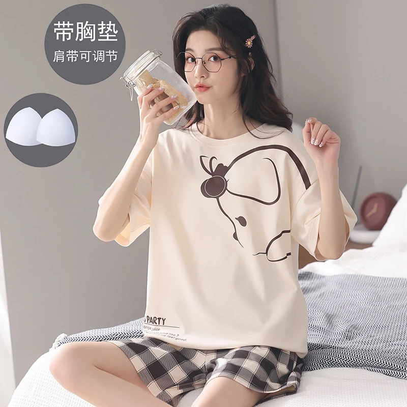 自带胸垫睡衣女夏天纯棉薄款短袖可爱减龄学生免穿文胸家居服套装