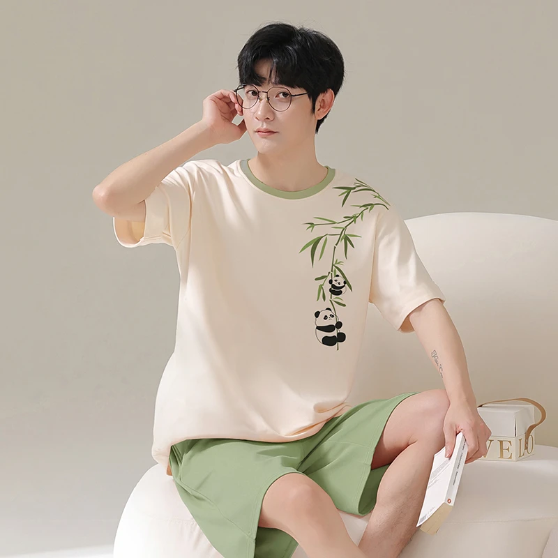 夏季男士睡衣纯棉短袖短裤套装青少年卡通熊猫夏天薄款全棉家居服