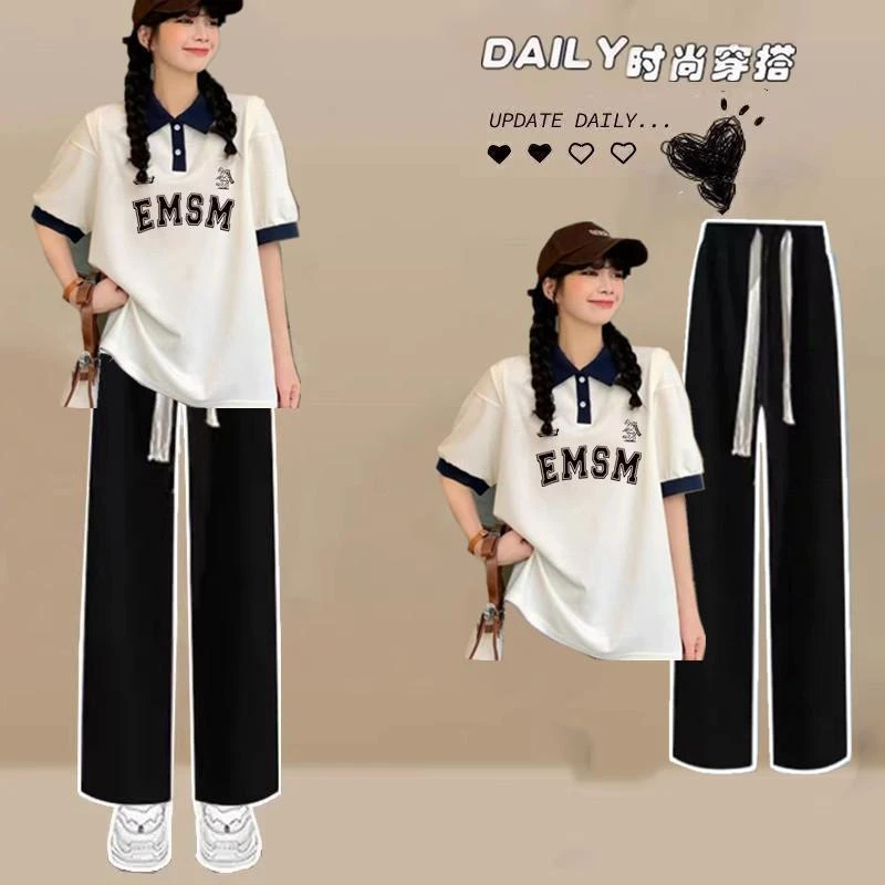 初中生夏装少女新款2024高中学生时尚宽松POLO衫短袖两件套装运动